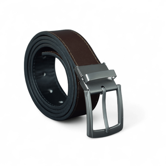 Classic Black/Brown Leather Belt - Premium Silver Reversible Buckle