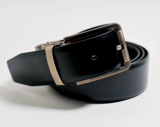 Black/Brown Leather Belt - Premium Silver Reversible Buckle