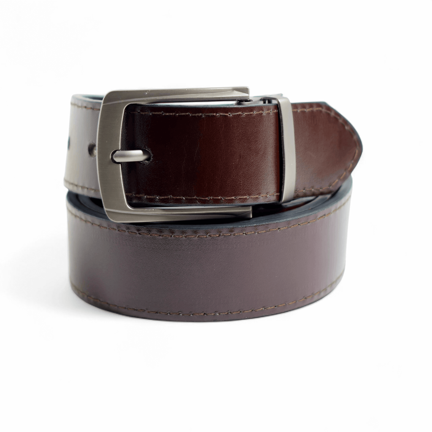 Classic Black/Brown Leather Belt - Premium Silver Reversible Buckle