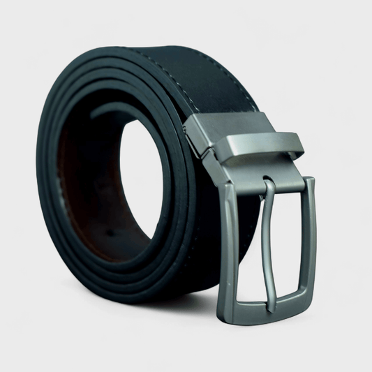 Classic Black/Brown Leather Belt - Premium Silver Reversible Buckle