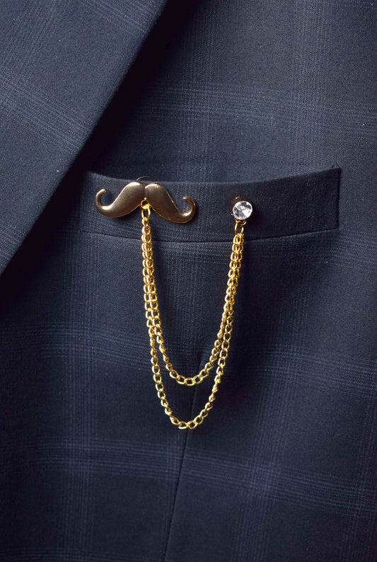 Golden Mustache Style Chain Brooch / Lapel Pin